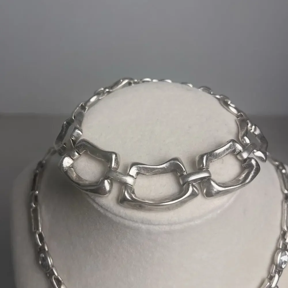 Silver Tone Heart Pendant Necklace Chunky Chain Bracelet Set Statement Bold Y2K